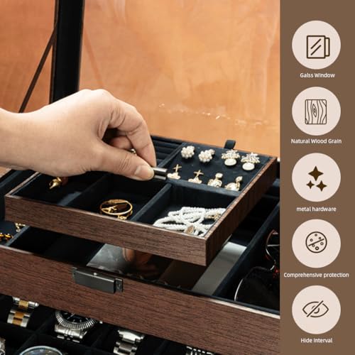 HASTHIP® Watch Box Organizer for Men, 12 Slot Large Capacity Wooden Watch Display Case with Pull-Out Drawer, Double Layer, Clear Glass Lid, Jewelry Storage Case for Earrings, Necklaces, Watches