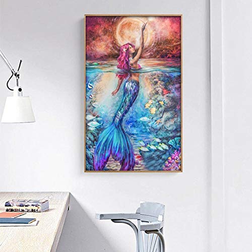 HASTHIP DIY 5D Full Drill Diamond Painting, Rhinestone Pasted Cross Stitch Blue Owl Pattern for Home Wall Decoration (Mermaid)