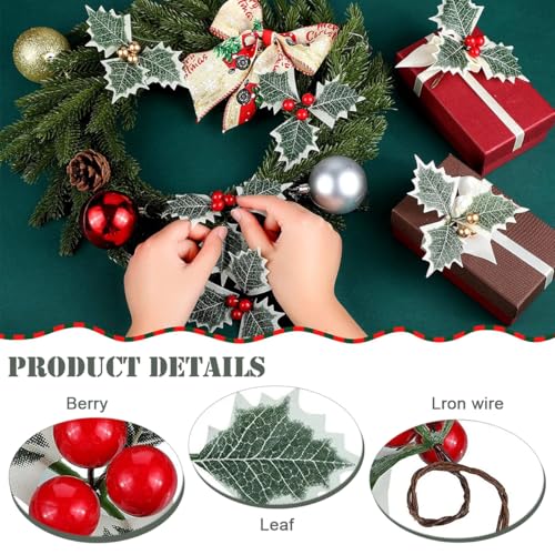 HASTHIP® 30Pcs Christmas Holly Berries with Green Leaves Christmas Decorations Gold and Red Artificial Holly Berries Hanging Christmas Ornaments for Xmas Tree, Garland Wreath, Home Decor