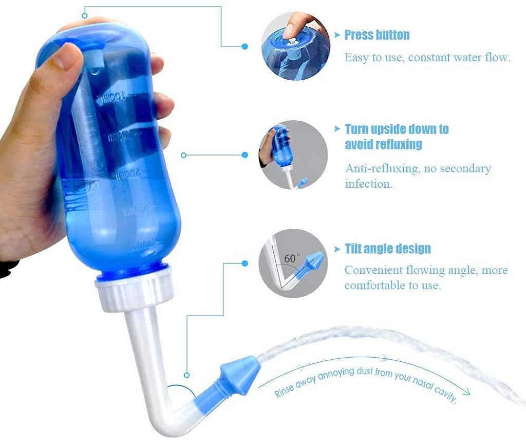 HASTHIP® Botella de Lavado Nasal 500ml Neti Pot para Irrigación Nasal,Limpieza de Nariz y Senos Paranasales,Alivio Rinitis Alérgica y Congestión Sistema Enjuague para Adultos Niños