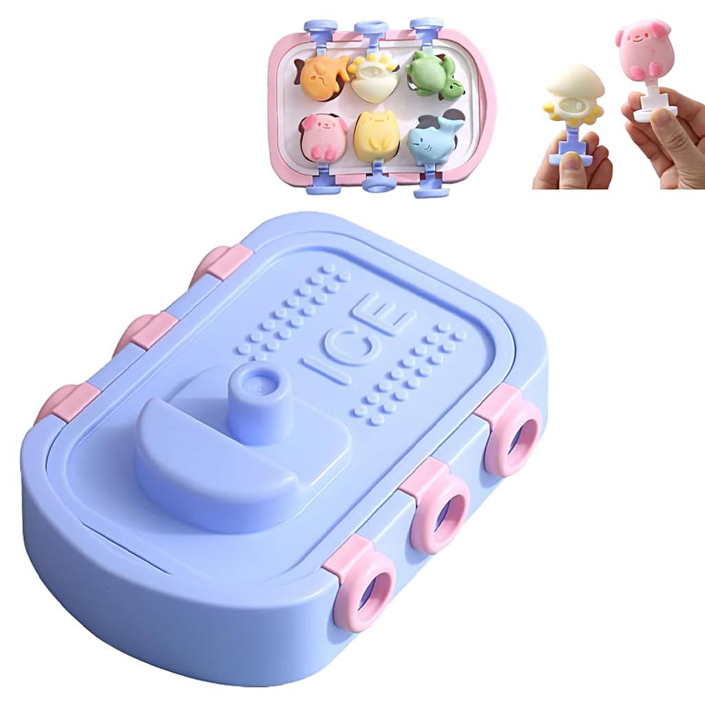 HASTHIP Ice Cream Mould for Freezer with 6 Cartoon Shapes and Lid | BPA-Free Silicone for Kids