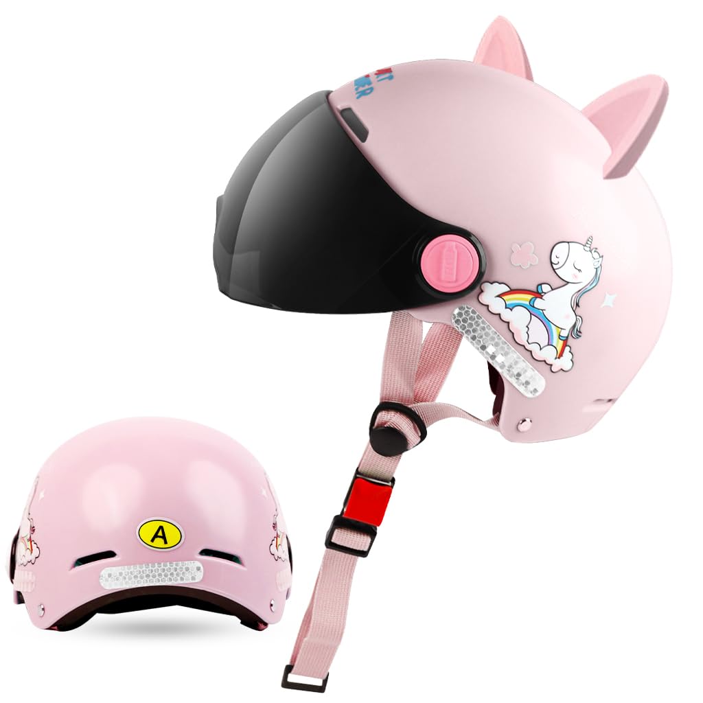 HASTHIP® Casco de Seguridad para Niños 7-14 Años con Visera UV, Ajustable, Antigolpes, Diseño de Unicornio con Orejas, para Bicicleta y Scooter, Ligero y Cómodo - Rosa