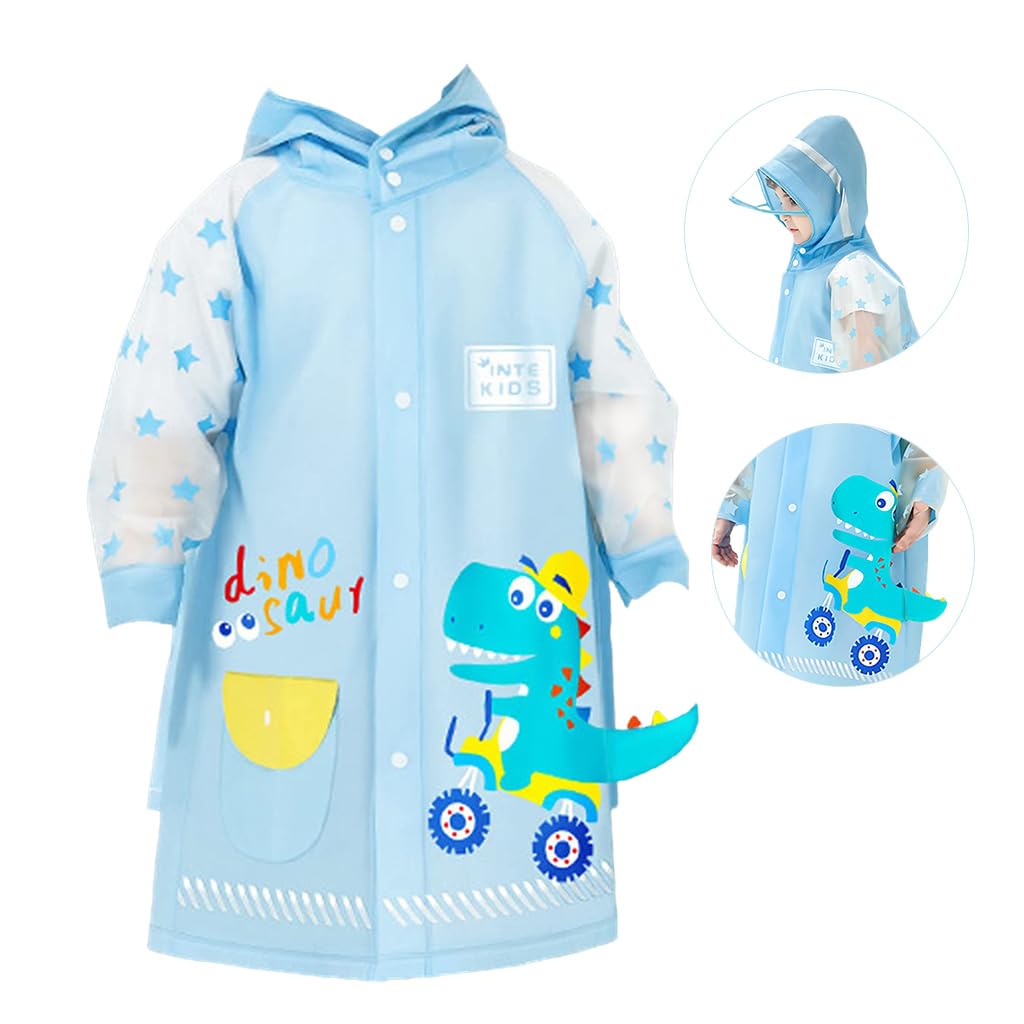 HASTHIP® Poncho de Lluvia para Niños con Capucha EVA Impermeable Reutilizable,Capa Larga con Visera Ancha y Espacio para Mochila,Chubasquero Infantil Estampado Unicornio Dinosaurio