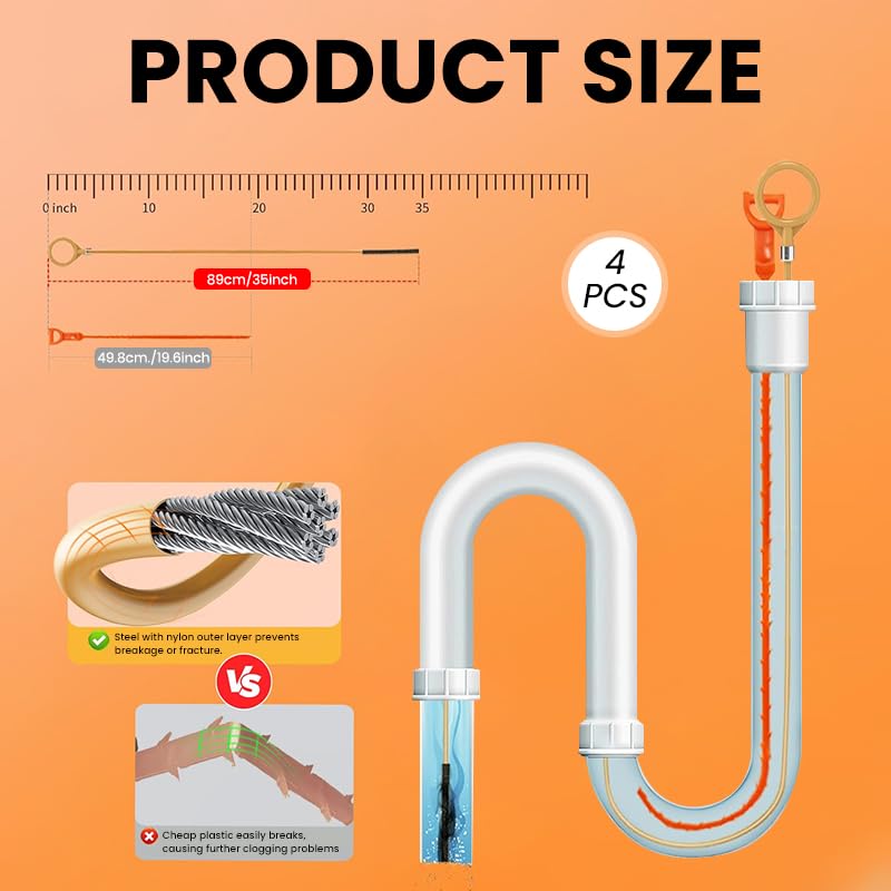 HASTHIP Drain Hair Clog Remover Tool for Bathroom Sink and Shower with 32 in Reach | Flexible PVC and Ergonomic Ring Grip