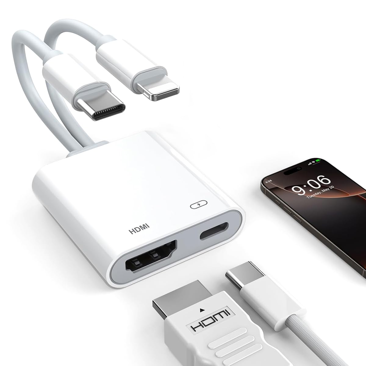 HASTHIP® Verilux 2-in-1 HDMI Adapter, USB-C & Lighting to HDMI with PD 100W Charging, 4K@60Hz Display Output, USB-C Power Charging Adapter for Phone, Tablet & Laptop
