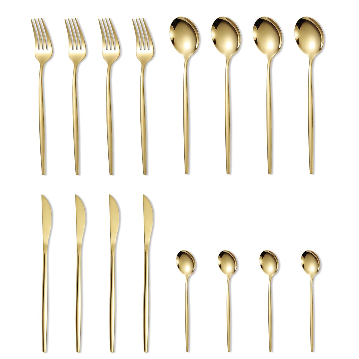 HASTHIP Flatware Set for Home and Restaurant Use featuring 16 pcs Stainless Steel Gold Cutlery | Mirror Polished Long Handle Design