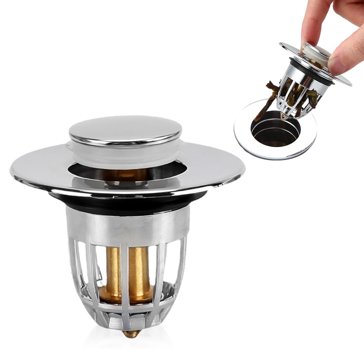 HASTHIP Kitchen Sink Strainer for 1.33–1.57 in Drains with Pop Up Stopper | Brass Silver Plug
