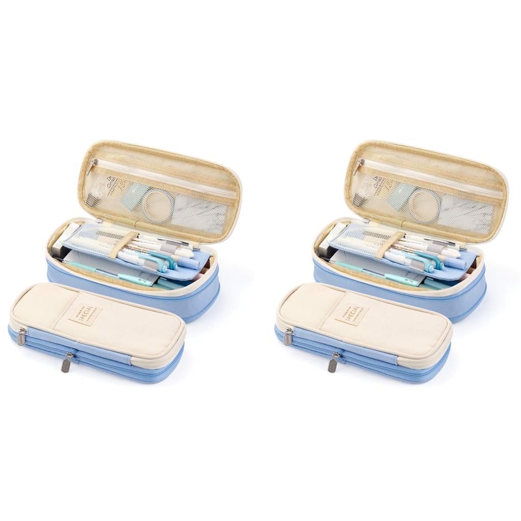 HASTHIP Pencil Case for Students with Double Zipper and Expandable 21.5×10×7 cm Design | Light Blue 2 PCS