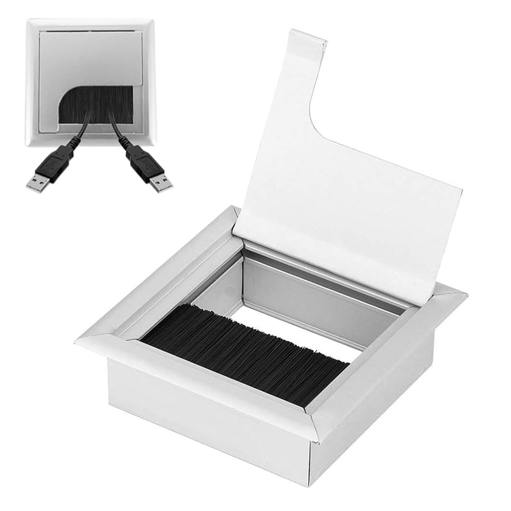 HASTHIP Desk Hole Cap for Office Cable Management 80x80mm with Flip Lid & Brush | Aluminium 3 PCS