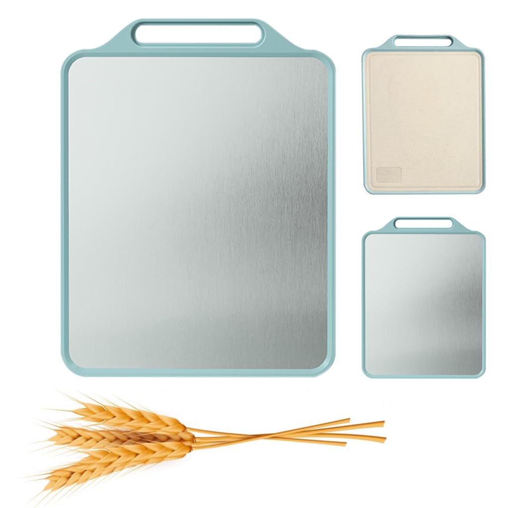 HASTHIP® Double-Sided Cutting Board - Stainless Steel Cutting Board & Wheat Straw Chopping Board for Meat Fruit Veggies,