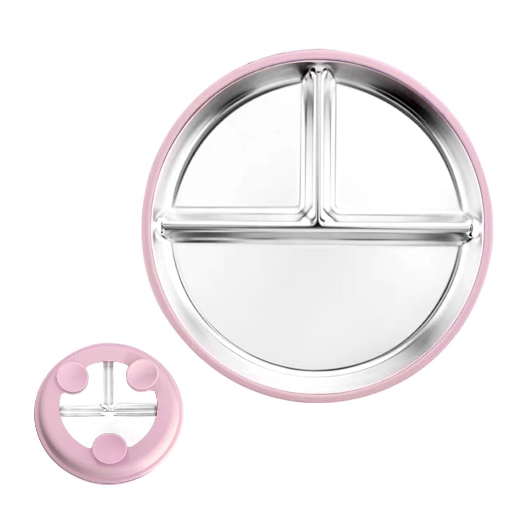 HASTHIP Steel Plates for Kids featuring 3 Compartments and Silicone Suction Base | 9 in Rustproof Stainless Toddler Dish