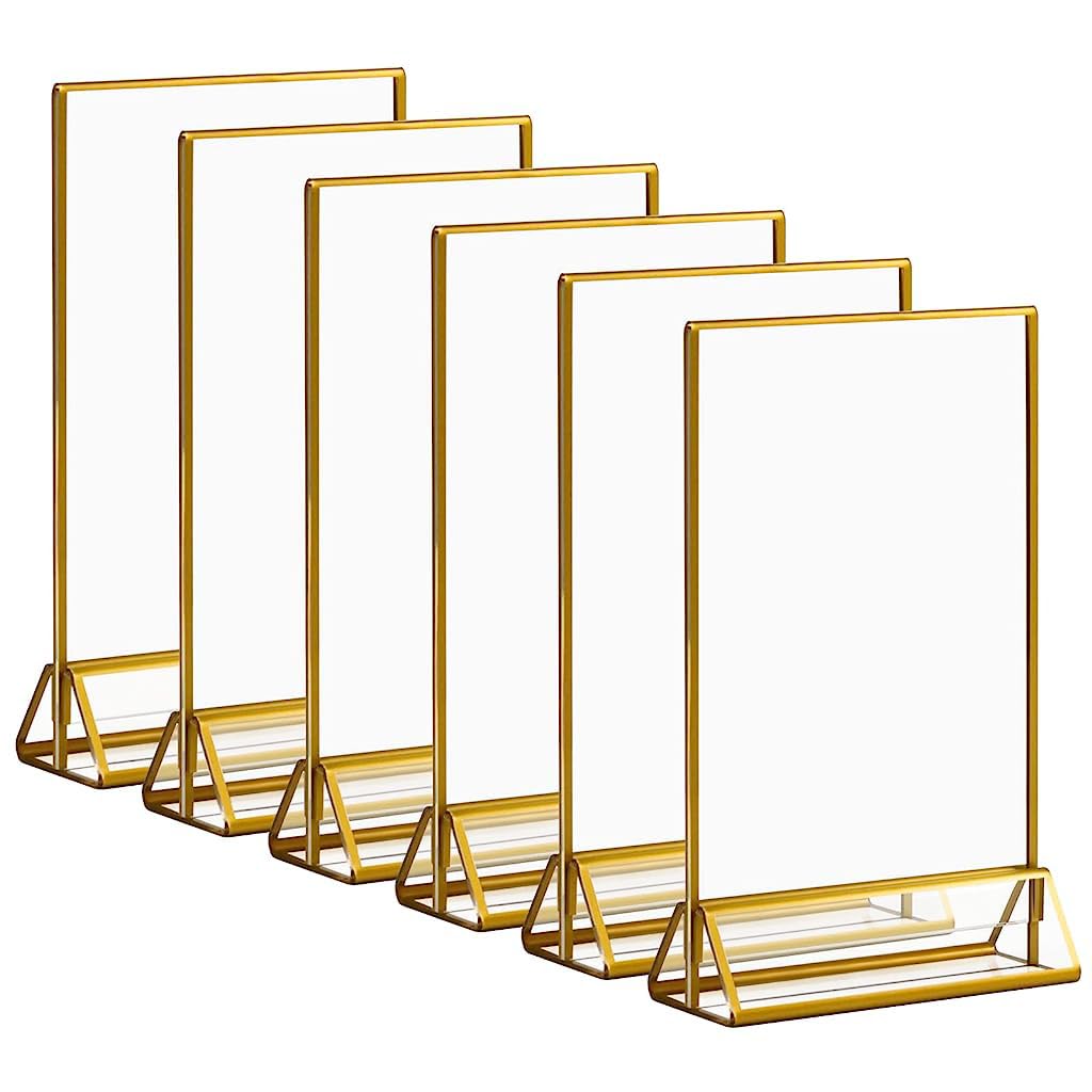 HASTHIP® Porta Carteles Acrílicos Dorados 6 Piezas, Marcos Transparentes de 15x21cm con Borde Dorado y Base Vertical, Doble Cara para Menús, Fotos, Señales de Mesa y Bodas