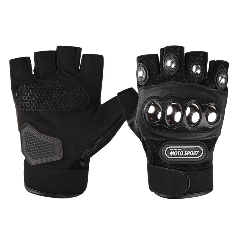HASTHIP® Guantes de medio dedo para hombres y mujeres de acero sin dedos para motocicleta con protección de nudillos rígida de cuero para disparo, ciclismo, paintball, conducción y caza negro