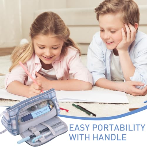 HASTHIP® VilaLuna Plaid Canvas Pencil Case for Girls, Large Capacity Organizer Pouch with Handle, Multi-Compartment School Stationery Bag for Students, Cosmetics, Travel, Office, Blue