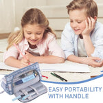 HASTHIP® VilaLuna Plaid Canvas Pencil Case for Girls, Large Capacity Organizer Pouch with Handle, Multi-Compartment School Stationery Bag for Students, Cosmetics, Travel, Office, Blue