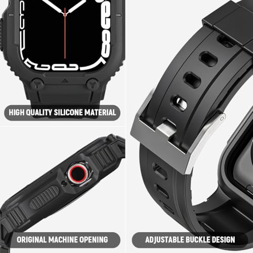 HASTHIP® Compatible with Apple Watch 45mm/44mm Watch Band with Case Bumper Band Adjustable Waterproof TPU Watch Strap for Apple Watch SE/4/5/6/7, for Men and Women, Black