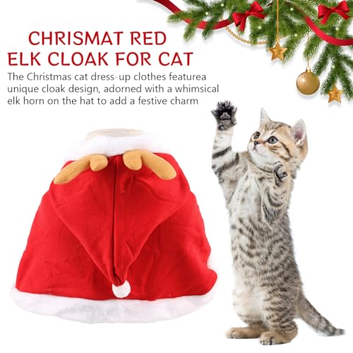 HASTHIP® Christmas Hat & Scarf, Chrismat Cat Clothes for Cat Warm Cloak, Dress Up Costume Chrismat Red Elk Cloak Adjustable Drawstring Hat for Photogaphy Prop Christmas Party - Neck 46CM
