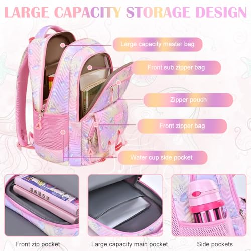 HASTHIP® Girls School Backpack, Jellyfish Print Bookbag, Multi-Compartment Cartoon Backpack, Lightweight Schoolbag, Birthday Gift for Girls