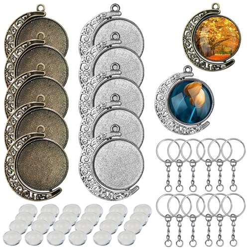 HASTHIP® 48PCS Pendant Trays Kit, Moon Rotation Double Side Round Blank Bezel Pendant Trays, Glass Dome Tiles Clear Cameo and Pendant Buckle for DIY Resin Photo Breastmilk Jewelry Making