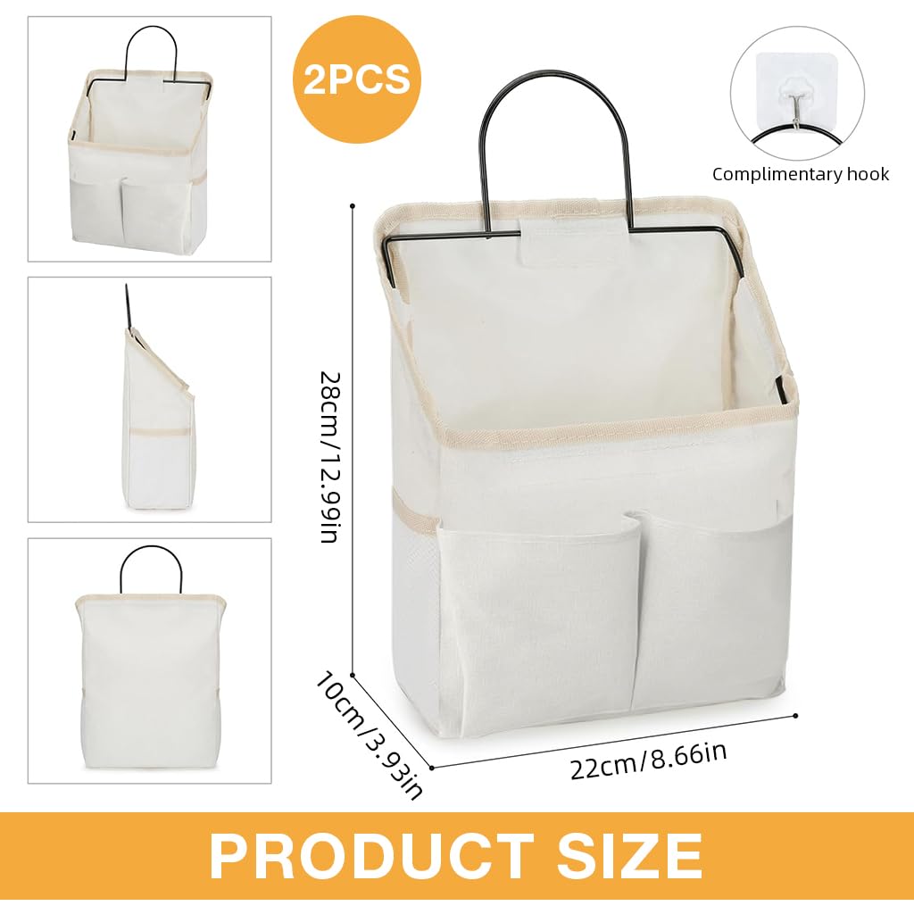 HASTHIP Wall Hanging Storage Bag for Bathroom and Bedroom with Metal Frame | 2 Pack White Cotton Organizer