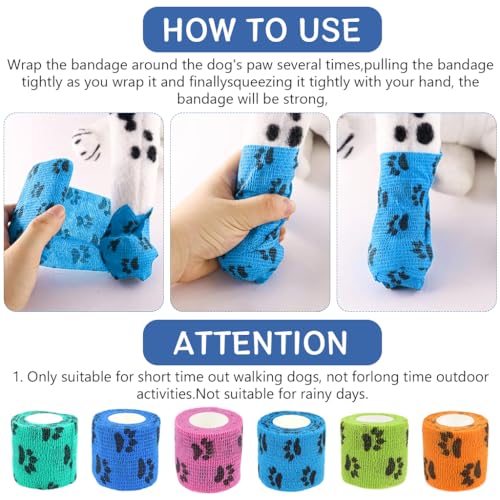 HASTHIP® 6Pcs Dog Anti Dirty Bandages for Walk, Self Adhesive Non-WovenElastic Bandage, Pet Injury Recovery Bandage Color Paw Print Lick Proof Bandage (7.5X5.4cm, Total Length 4.5M)