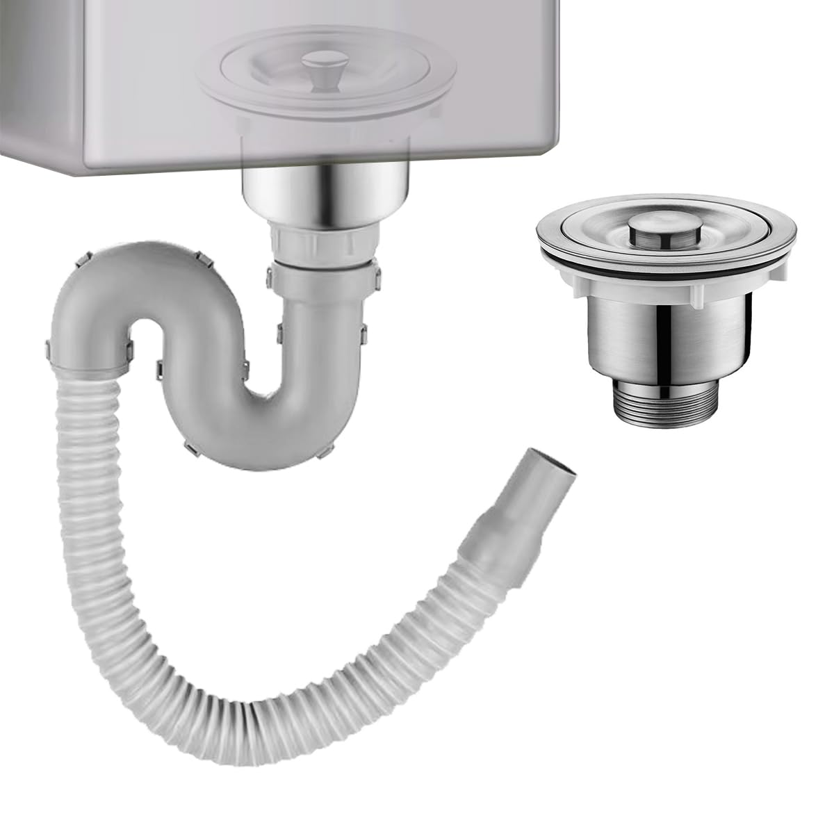 HASTHIP Kitchen Sink Drain Kit with 3.35–4.33 in Fit featuring U Shaped P Trap and Stainless Steel Flange