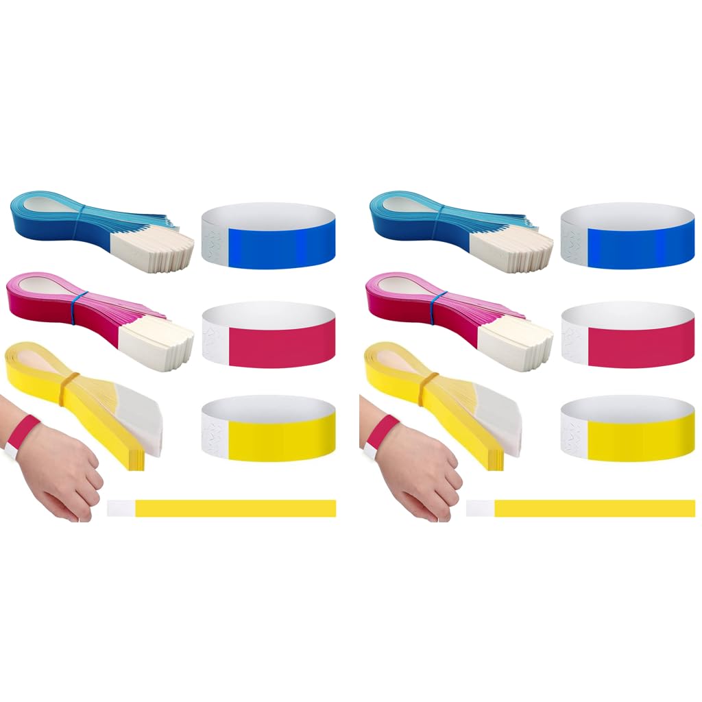 HASTHIP Paper Wristbands for Party and Event Entry with Self Adhesive Closure | 300 pcs 25 cm Bands in Red Yellow Blue