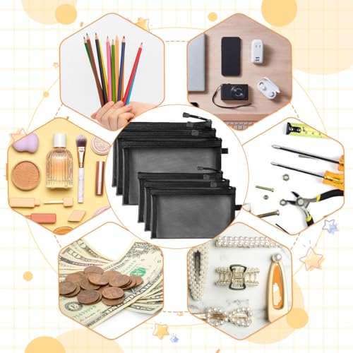 HASTHIP® 6 Pack Mesh Makeup Bags, Nylon Zipper Pouches for Cosmetics, Travel Organizer for Home, Office, Purse, Diaper Bag - Black