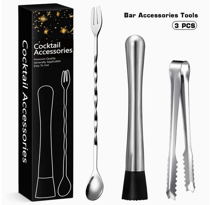 HASTHIP® Set de 3 Piezas para Cócteles - Muddler de Acero Inoxidable con Cabeza Resistente,Cuchara Bar en Espiral y Jigger,Herramienta Antioxidante para Mojitos y Bebidas Variadas Fácil