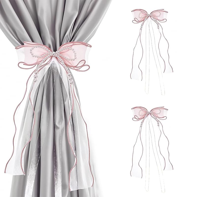 HASTHIP Curtain Tiebacks for Bedrooms with Pink Bows Pearls and Lace | 2 Pcs 31.5 in Set