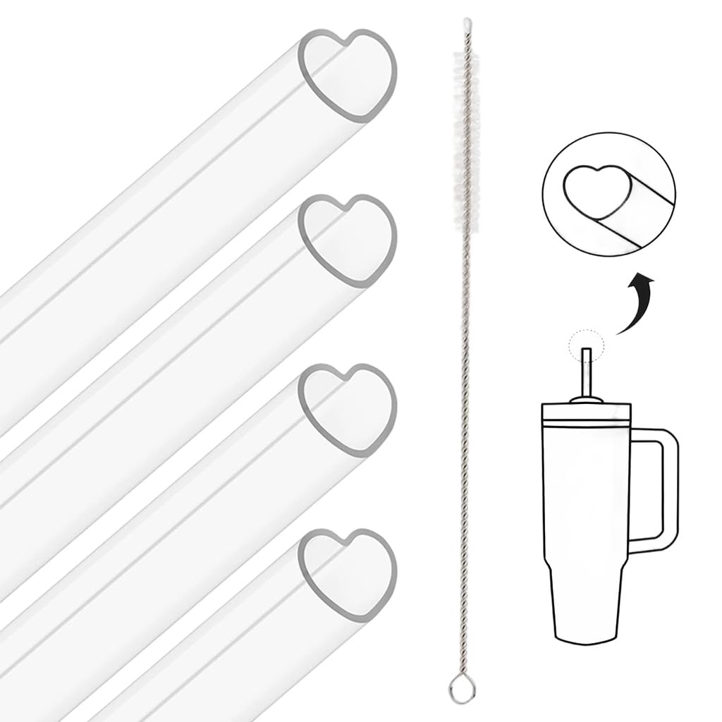 HASTHIP® 12 Inch Reusable Clear Plastic Heart Straws for Stanley Cup 40 oz & 30 oz, Cute Extra Long Eco Friendly Drinking Straw Set, Durable BPA-Free Tumbler Accessories with Cleaning Brushes