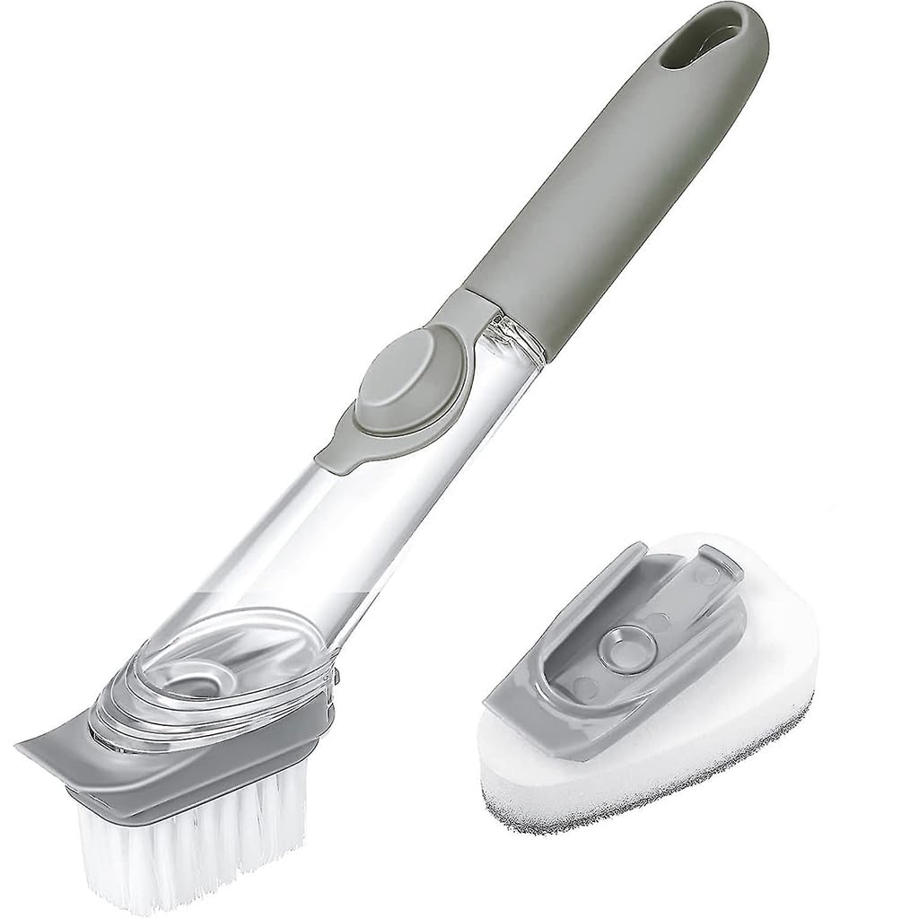 HASTHIP® Dish Cleaning Brush with Soap Dispenser, Kitchen Scrub Brush for Pots, Pans, Sinks, Dishes, Long Handle Non-Slip Grip, Heavy Duty Scrubber for Home Cleaning - Grey