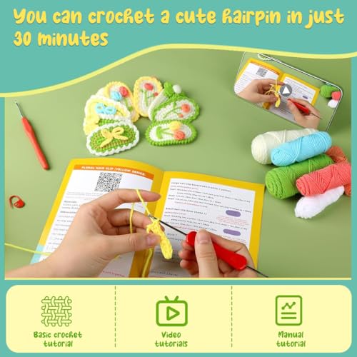 HASTHIP® NAWOKEENY 10Pcs Crochet Kit for Beginners,DIY Flowers Hair Clip Making Kit,Crochet Starter with Yarn Hooks Hair Clips Accessories Knitting Tools Step-by-Step Tutorial Video for Girls