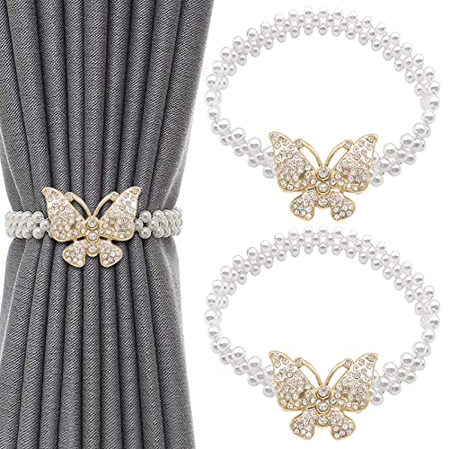 HASTHIP Curtain Tie Backs for Home and Office featuring Adjustable Elastic Rope | 2Pcs Gold Metal Pearl Holders