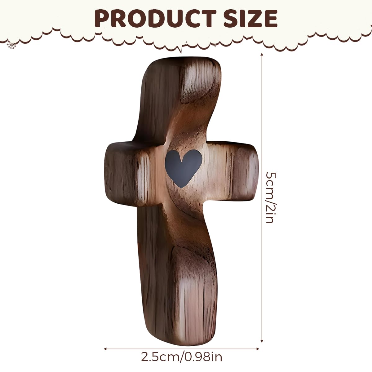 HASTHIP Handheld Prayer Cross for Spiritual Reflection with 1.9 in Curved Wood Design | Heart Emboss Center