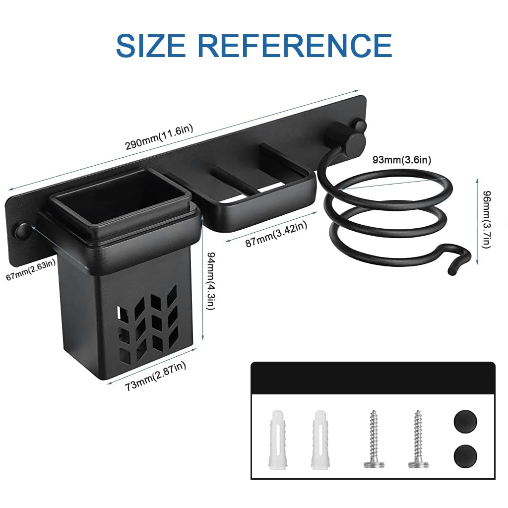 HASTHIP Hair Dryer Stand for Wall with 3 in 1 Storage Basket and Plug Hook | Black Aluminum Organizer