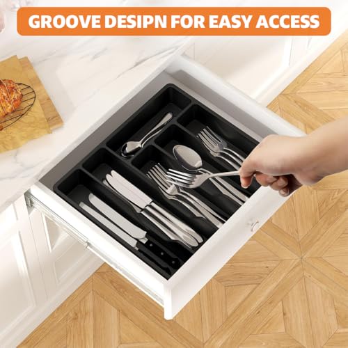 HASTHIP® Silverware Organizer with Lid 6-Compartment Design Dust Proof Utensil Storage Tray for Drawer and Countertop Drawer Organizer Universal Cutlery Organizer for Spoons, Forks, Table Cutters