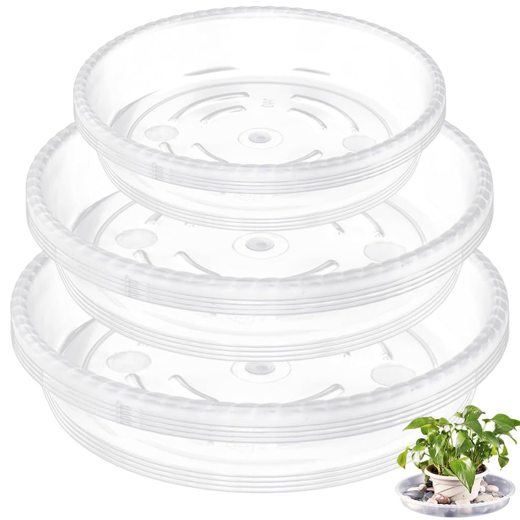 HASTHIP Plant Pot Saucers for Indoor and Outdoor Use with Drainage Grooves 12pcs 9.8 in | Clear Plastic Trays to Prevent Water Spillage
