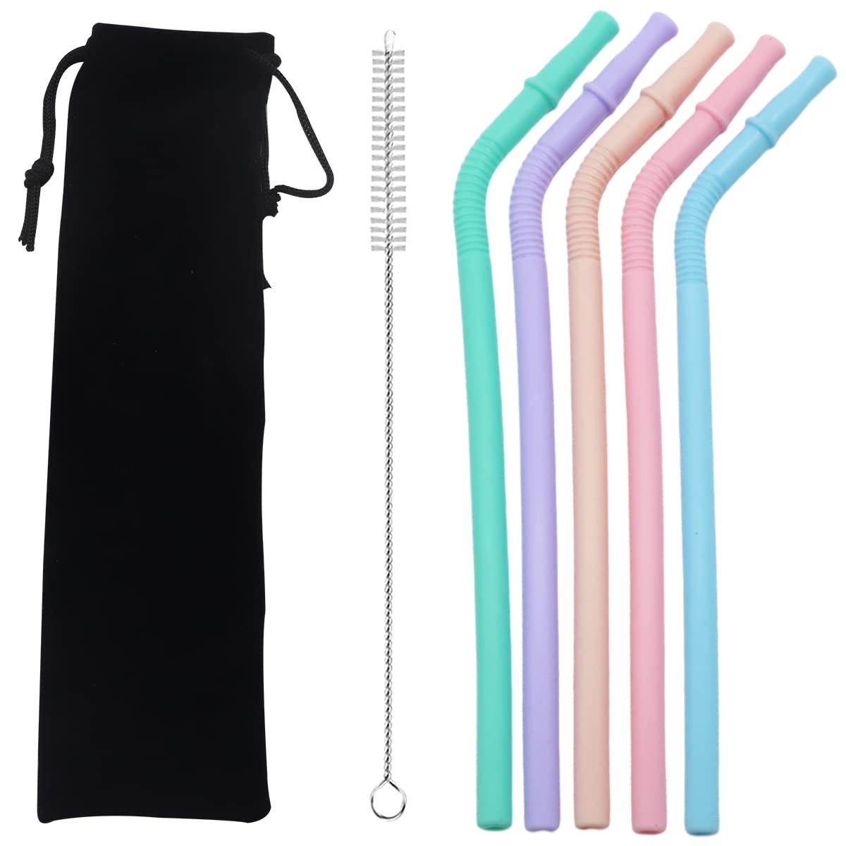 HASTHIP Reusable Silicone Straws 8.4 in for Kids and Adults with Cleaning Brush & Cloth Bag | BPA Free Flexible Drinking Straws