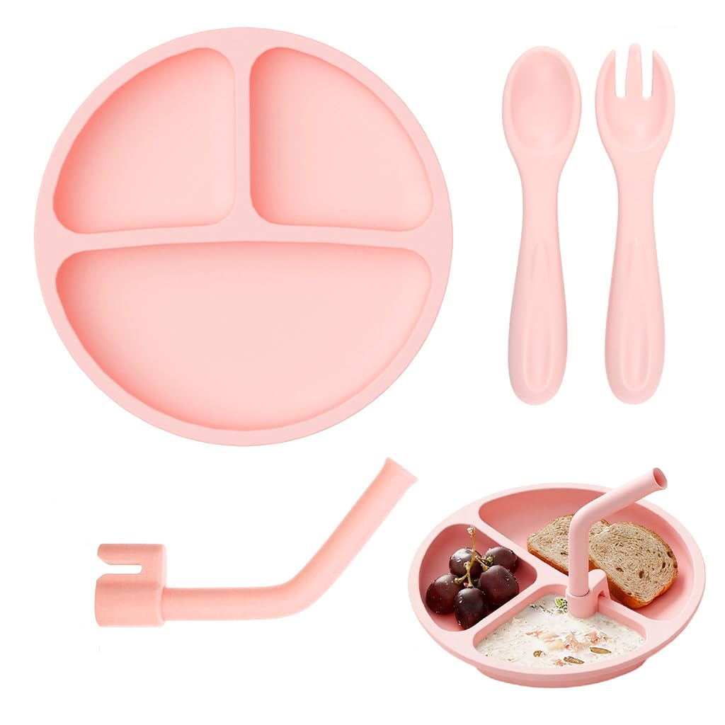 HASTHIP® Plato de Silicona con Succión para Bebés y Niños,Divisiones para Alimentación Equilibrada,Libre de BPA Silicón Grado Alimenticio Fácil Limpieza y Antideslizante - Rosa