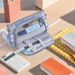 HASTHIP® VilaLuna Plaid Canvas Pencil Case for Girls, Large Capacity Organizer Pouch with Handle, Multi-Compartment School Stationery Bag for Students, Cosmetics, Travel, Office, Blue