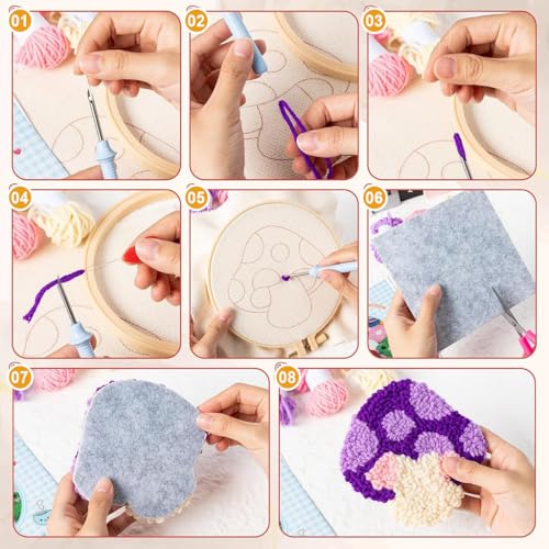 HASTHIP® PATPAT 6PCS Punch Needle Coaster Kit, DIY Embroidery Set for Adults & Kids, Colorful Mushroom Design, Includes Yarn, Needle, Embroidery Hoop & Tools, Handmade Art & Craft Gift