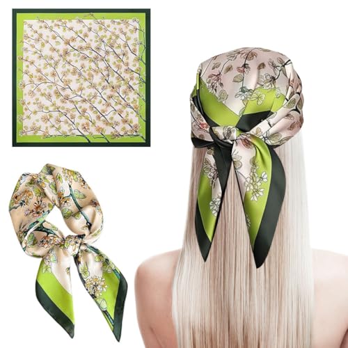 HASTHIP® Pañuelo Grande Cuadrado Mujer 90x90cm, Estampado Vintage Elegante, Bufanda de Pelo Seda Suave, Bandana Ligera Versátil Accesorio de Moda Verde