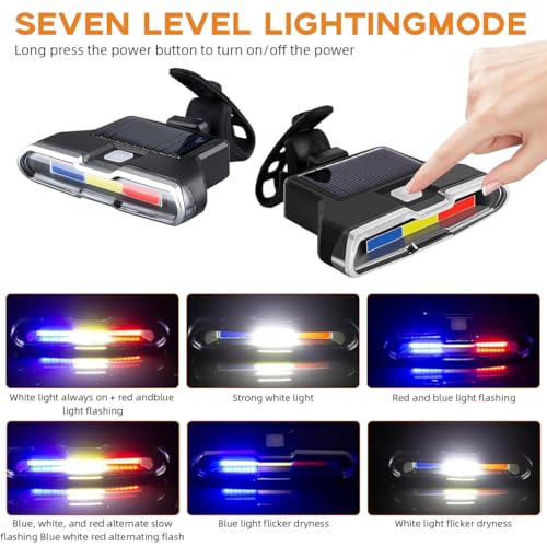 HASTHIP® LED Cycle Llights for Bicycle, Solar Powered&USB Rechargeable Bike Safety Light 3-Color Warning with 7 Lighting Modes, Waterproof Tail Outdoor Riding Under Saddle