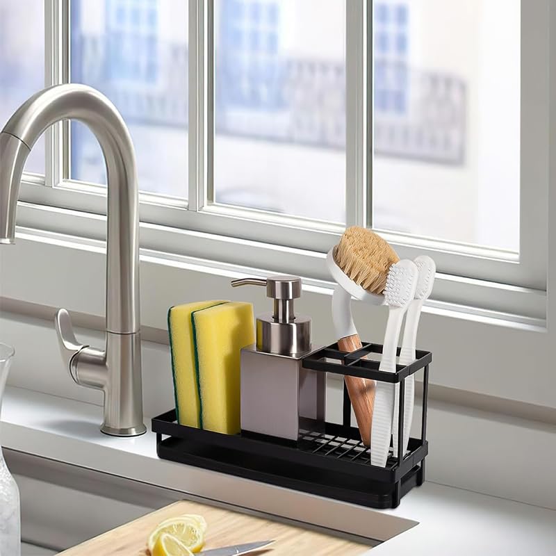 HASTHIP Toothbrush Holder for Bathroom with Pull Out Drip Tray and Cup Drain Rack | Metal Black Organizer Stand