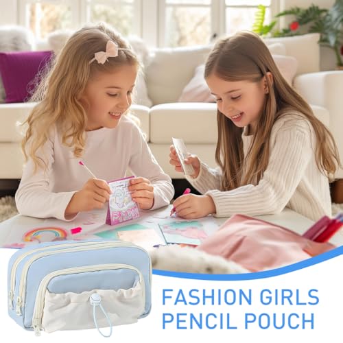 HASTHIP® 3-Layer Aesthetic Pencil Pouch for Girls, Large Capacity School Stationery Organizer, Soft Cloth Zipper Bag with Multi Compartments, Cute Gift, 21x13x10cm