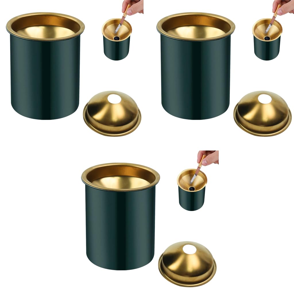 HASTHIP Car Ashtray with Windproof Funnel Lid for Home Office and Car | 3 PCS 3.9 in Stainless Steel Green Design