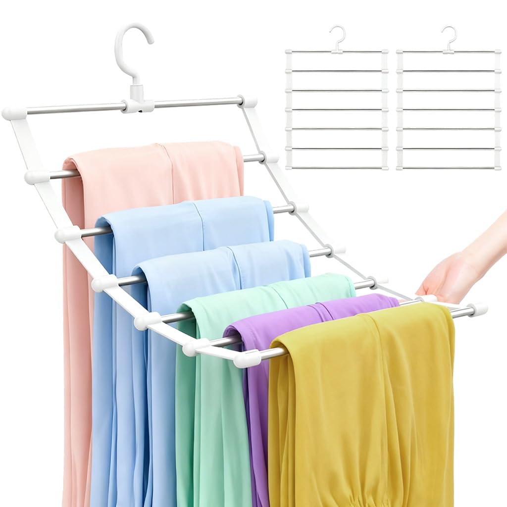 HASTHIP® 2 Pack Pants Hangers Space Saving Non-Slip Multifunctional Trouser Hangers Closet Organizer with 9 Layers, Stainless Steel Clothes Rack for Jeans, Trousers, Scarf, Tie & Towel
