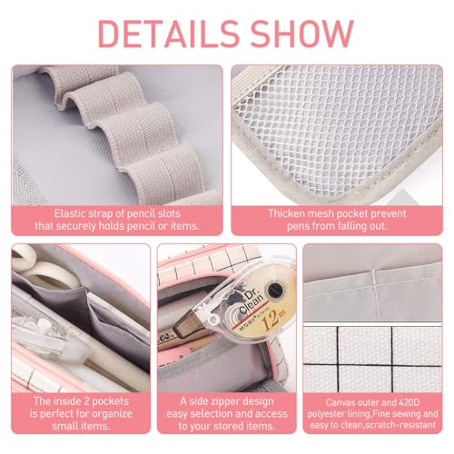 HASTHIP® Pink Schoolgirls Plaid Canvas Pencil Case - Large Capacity Pencil Bag with Multiple Interior Compartments & Handle, Fashionable Stationery Organizer for Students, Travel & Cosmetics