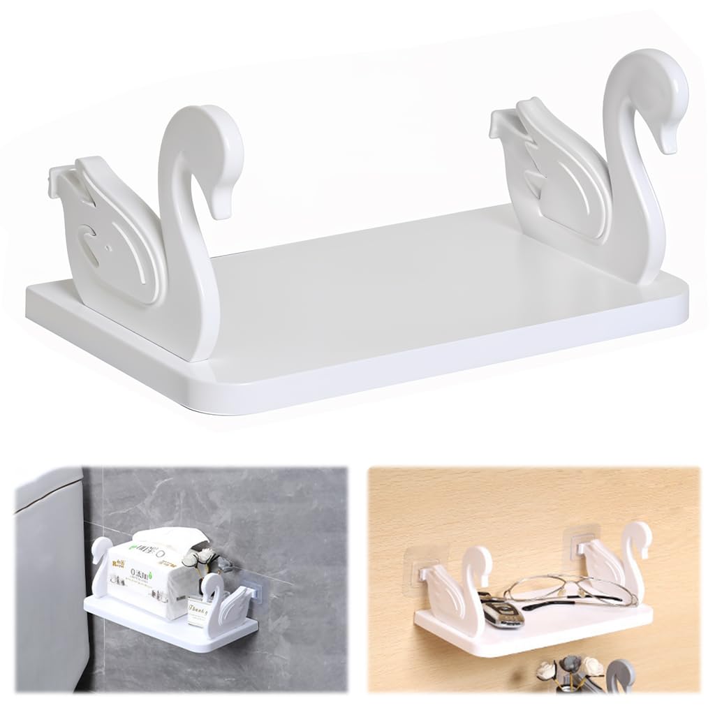 HASTHIP Wall Shelf for Bathroom and Kitchen Storage with Self Adhesive Mount | White Little Swan Design 25x13x2.3cm